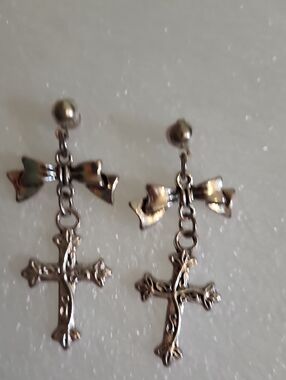 Hand Crafted Silver Bow and Cross Drop Earrings